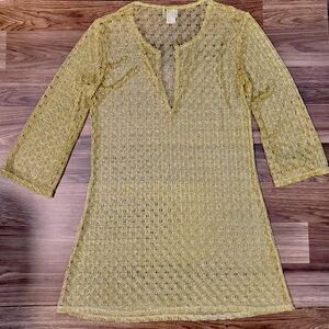 Elif Gold Metallic Threading Sparkle Crochet Sheer Cover Up Tunic Pull On M